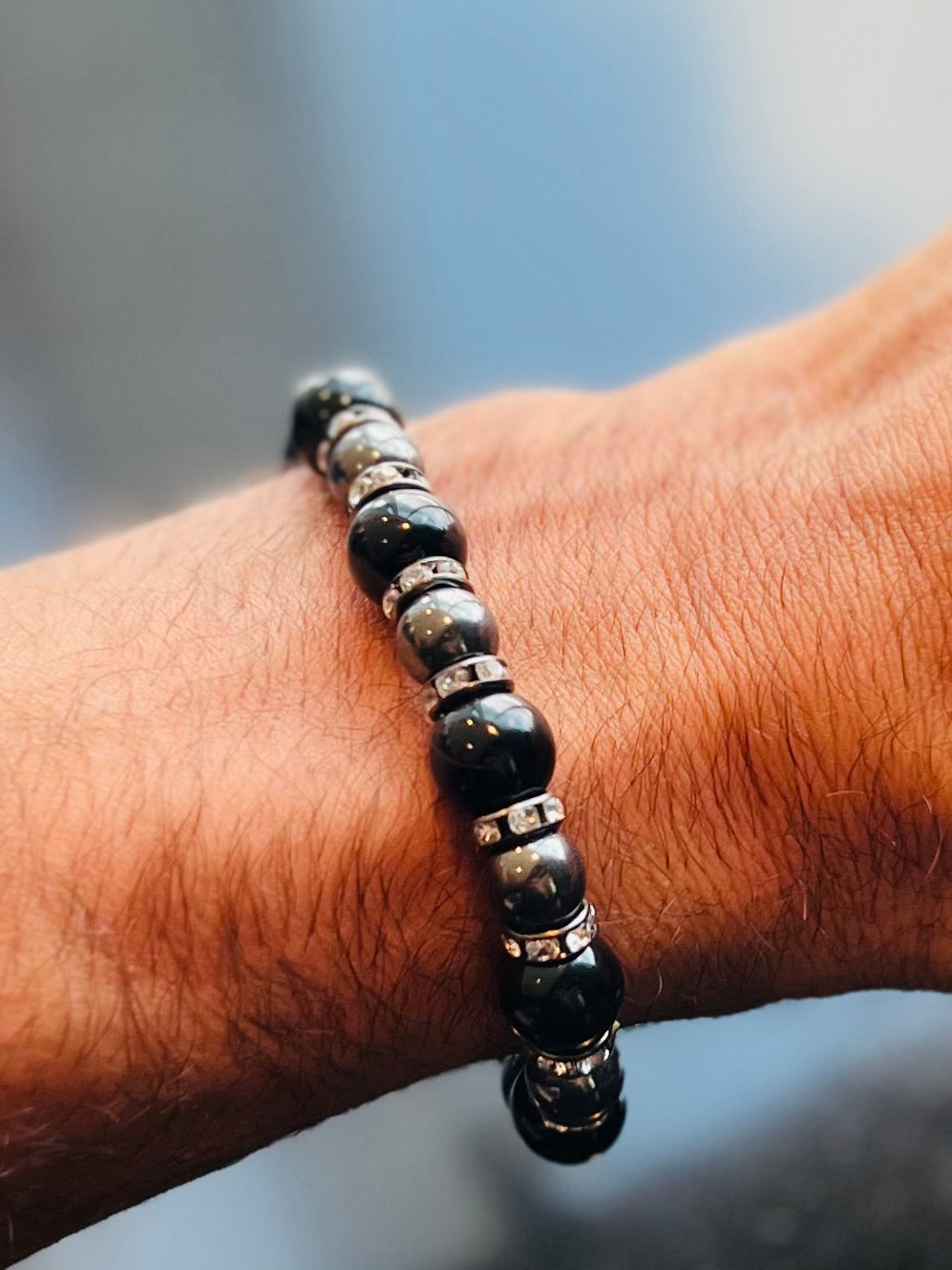 Onyx and Snowflake Obsidian bracelet with black spacers