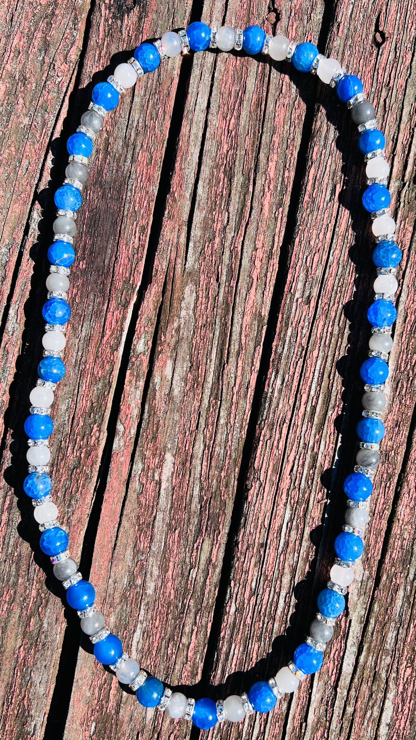 Blue Dragon Vein Agate and Grey Crystal necklace with silver spacers