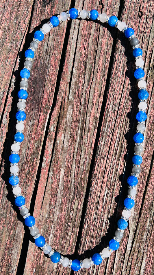 Blue Dragon Vein Agate and Grey Crystal necklace with silver spacers