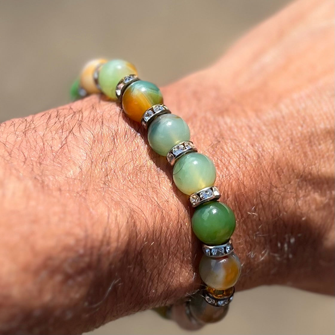 Peacock Agate bracelet with gold spacers