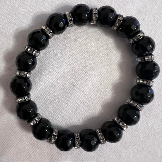 Black & Silver Bracelet (glass beveled beads, 10mm)